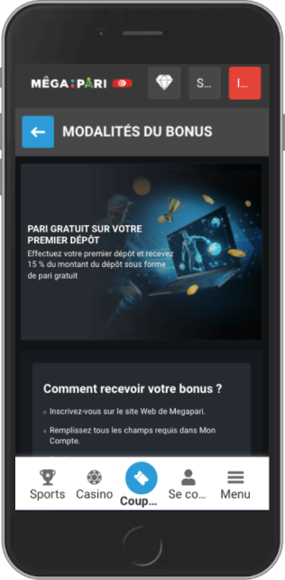Capture d'écran mobile de la page bonus Megapari