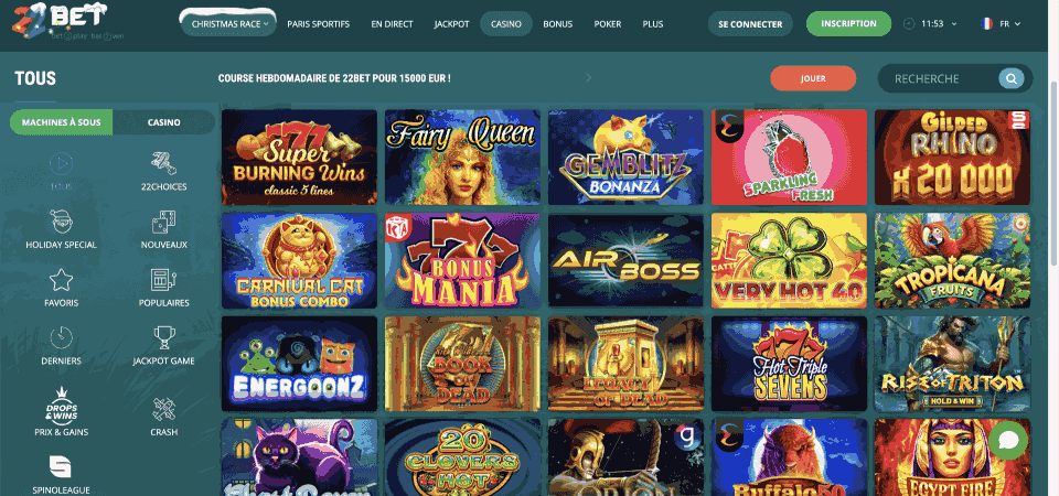 Capture d'écran de la page du casino 22bet