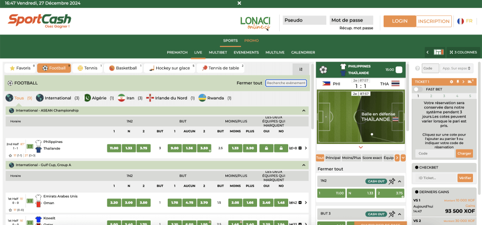 Capture d'écran de la page en direct de Sportcash